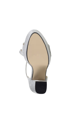 Bottom view of the Chloe Silver Shimmer Prom Shoe (Touch Ups 4647) featuring a light-colored sole, silver shimmer upper, and black heel tip.