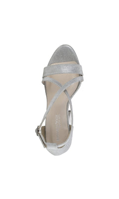 The Chloe Silver Shimmer Prom Shoes: Touch Ups 4647 are open-toe sandals with crisscross straps, an ankle buckle, and block heels—shown from above on a white background. Perfect for prom.