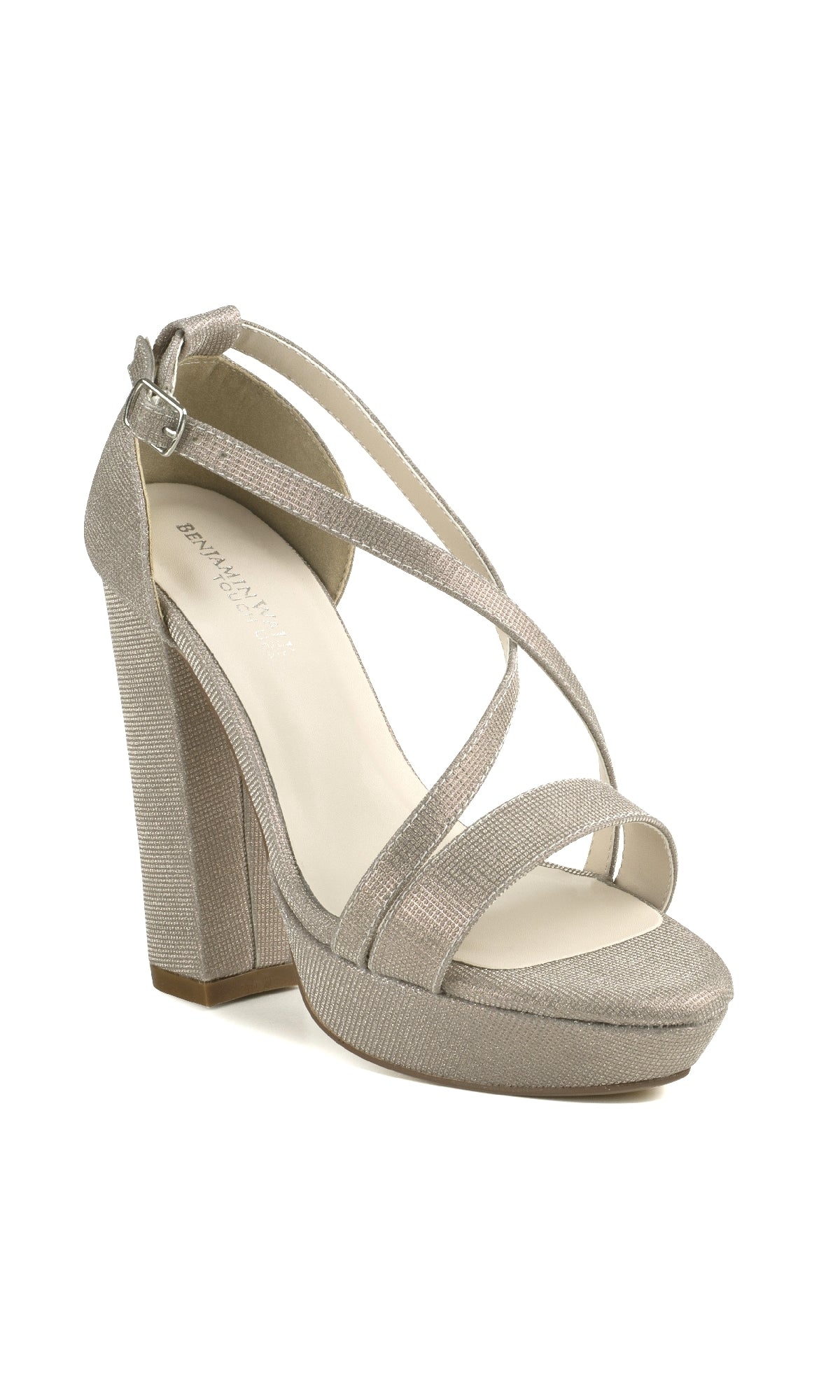 The Chloe Champagne Shimmer Prom Shoes: Touch Ups 4648 feature crisscross straps, an ankle buckle, and a platform sole—ideal stylish block heels for prom or any elegant occasion.