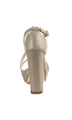 Back view of Chloe Champagne Shimmer Prom Shoes: Touch Ups 4648—a metallic high-heel sandal with ankle strap and chunky block heels—photographed against a white background. Perfect choice for prom!.