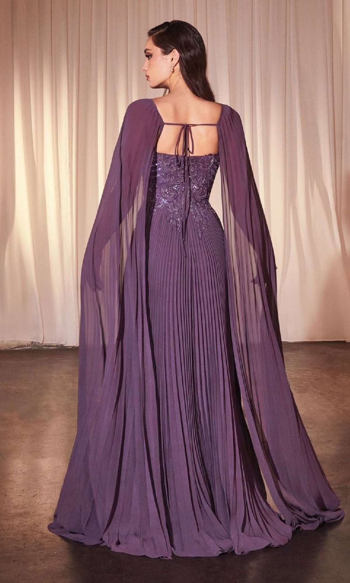 Long Pleated Prom Dress with Shoulder Capes Mocha / 8