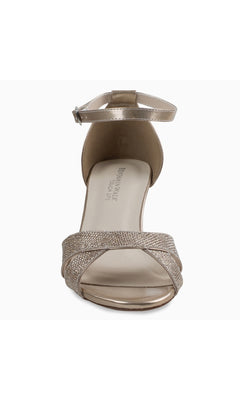 Front view of the Clementine Champagne Glitter Prom Shoes by Touch Ups 4614, featuring a metallic ankle strap, textured crisscross toe straps, and low kitten heels for an elegant finish.