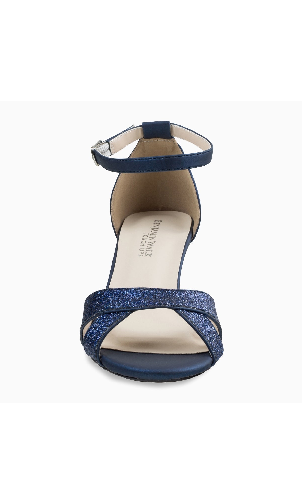 Front view of Clementine Navy Blue Glitter Prom Shoes: Touch Ups 4616, featuring an open toe, ankle strap, low heel, and glittery toe straps—ideal for a dazzling prom look.