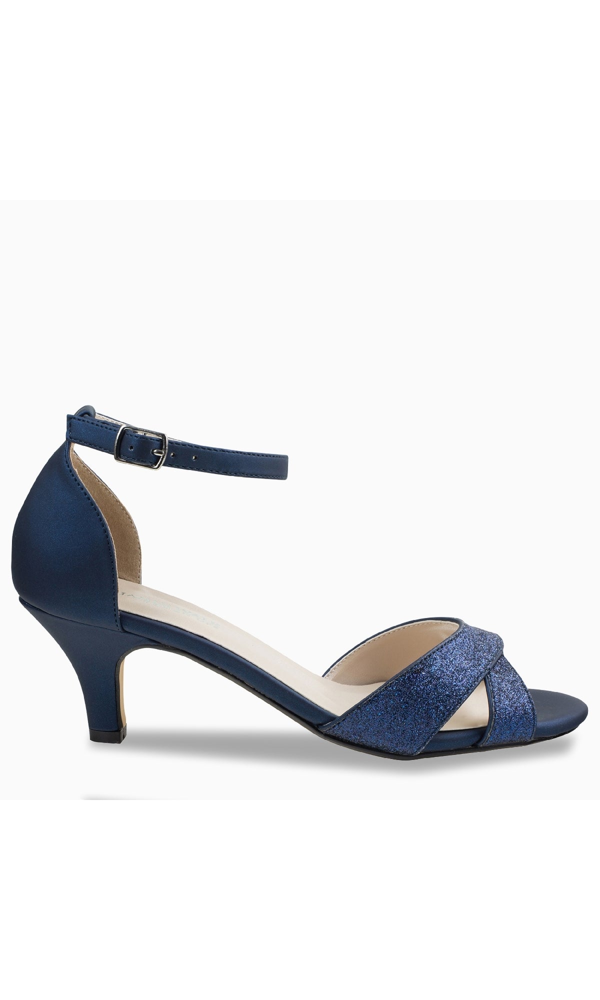 The Clementine Navy Blue Glitter Prom Shoes by Touch Ups 4616 are women’s heeled sandals with an ankle strap, open toe, crisscross front straps, and a low kitten heel—ideal for special occasions or as elegant navy blue prom shoes.