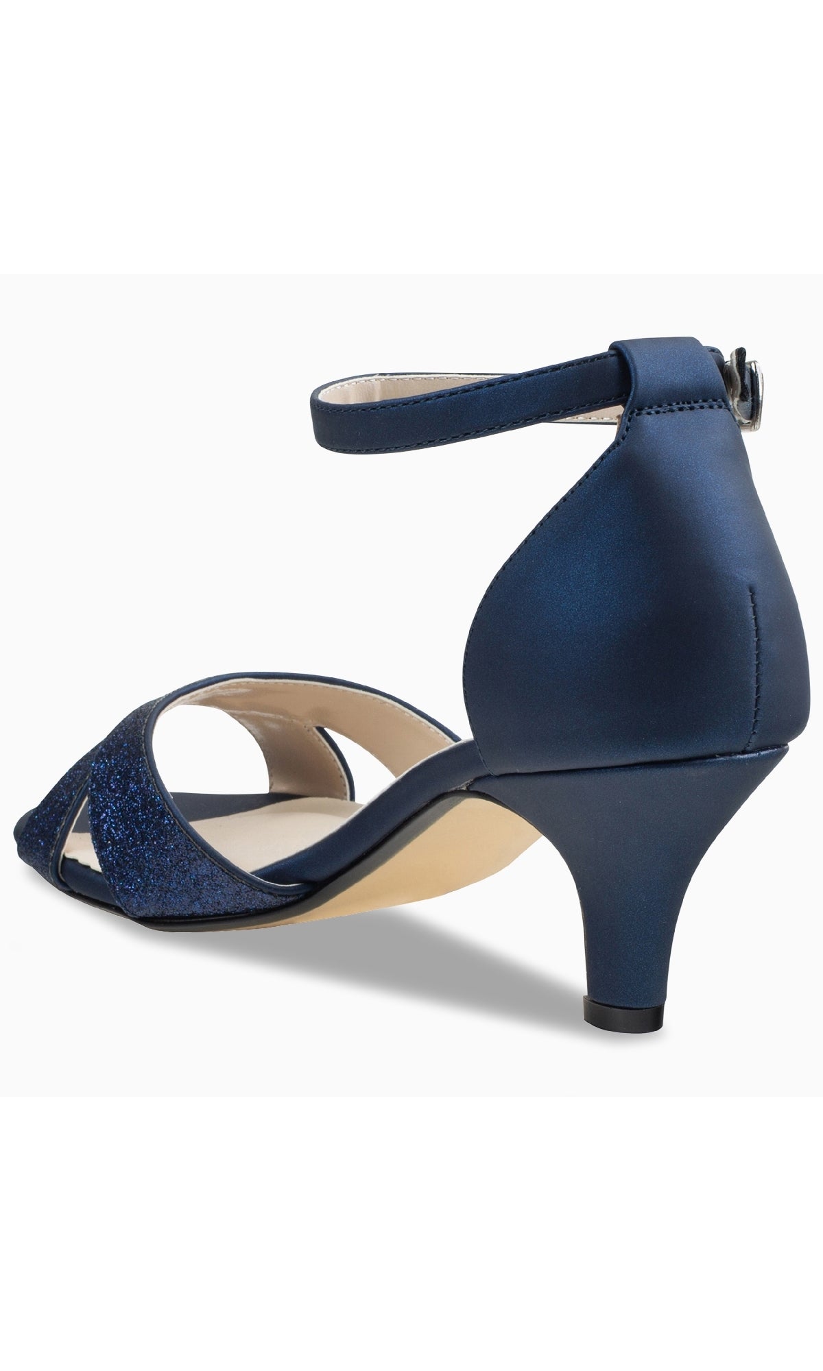 The Clementine Navy Blue Glitter Prom Shoes (Touch Ups 4616) feature an ankle strap, glittery open toe, and low kitten heel—perfect for adding sparkle to any special occasion.