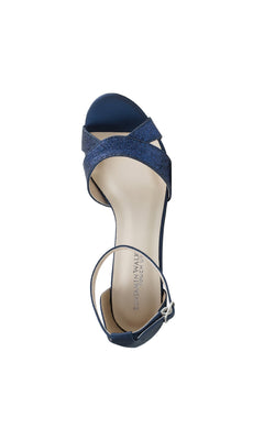The Clementine Navy Blue Glitter Prom Shoes (Touch Ups 4616) feature an open toe, crisscross straps, an ankle strap with silver buckle, beige insole, and a chic low heel—perfect for prom.