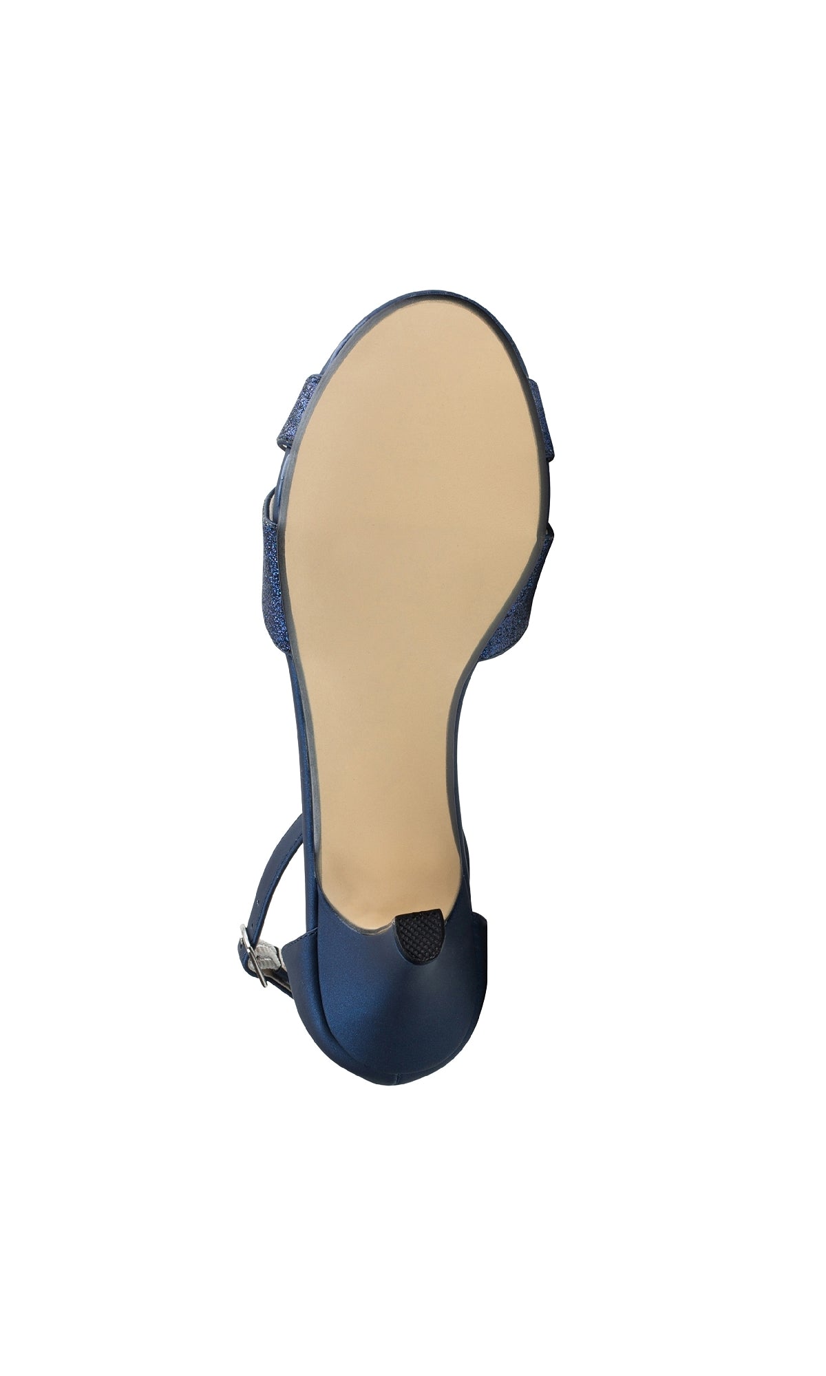 The Clementine Navy Blue Glitter Prom Shoes (Touch Ups 4616) are displayed from the bottom, showing a smooth beige sole and ankle strap against a white background.