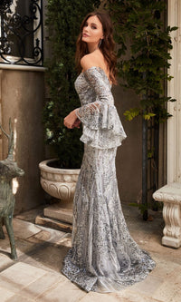 Off-Shoulder Long Silver Lace Formal Dress CM319