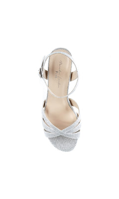 The Colette Sparkly Silver Prom Shoes (Paradox London P1801) are open-toe high heel sandals with a chic ankle strap and sturdy block heels, displayed from above on a white background.