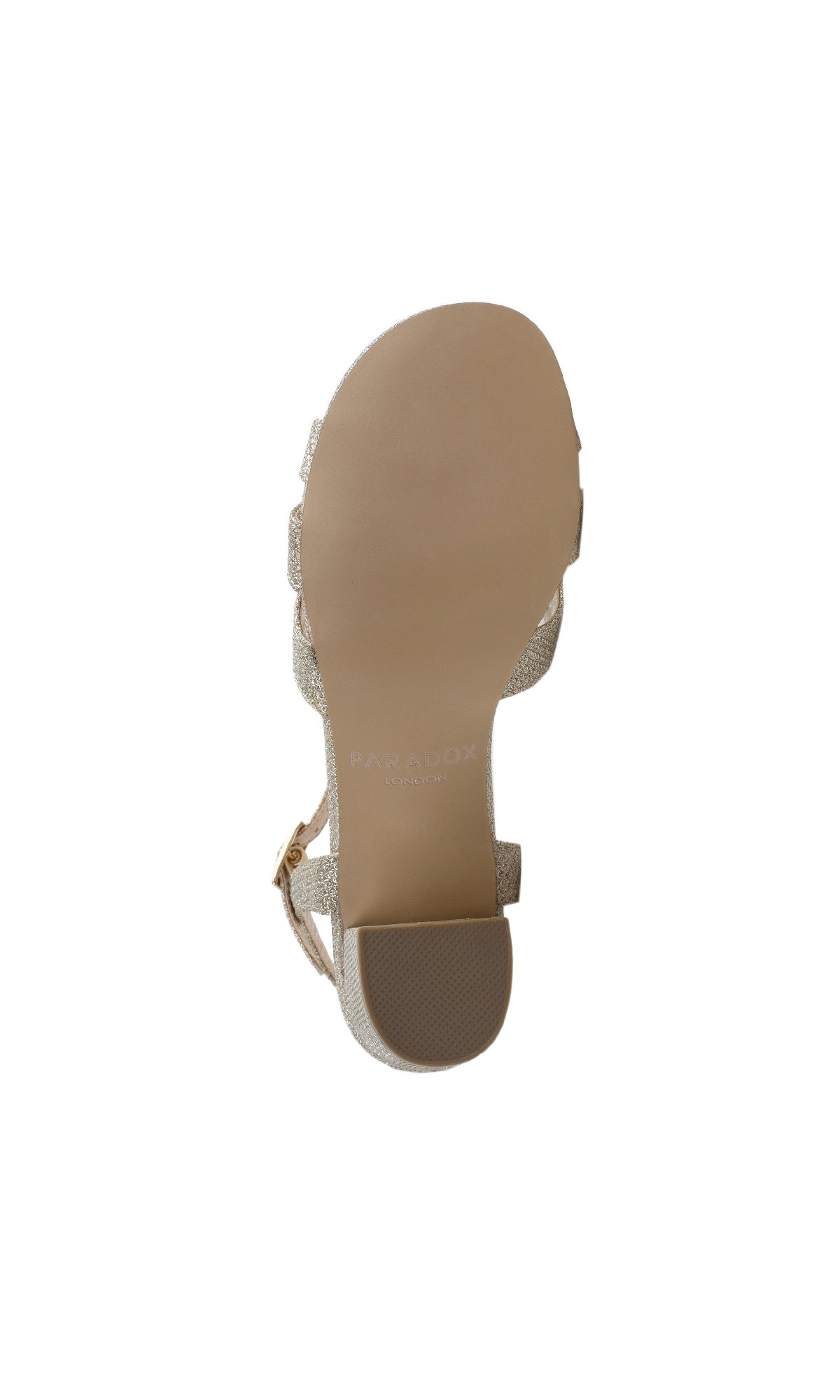 The image shows the bottom view of the Colette Champagne Prom Shoes: Paradox London P1802, a beige flat sandal with a textured sole, small heel, and subtle sparkly details.