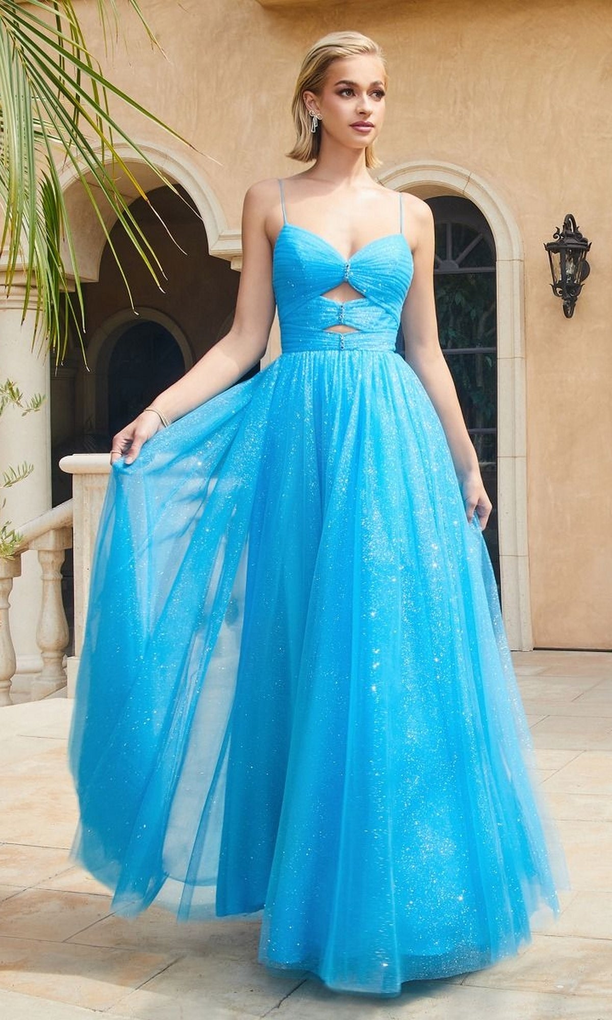 Long Blue Glitter Cut-Out Prom Dress CR871