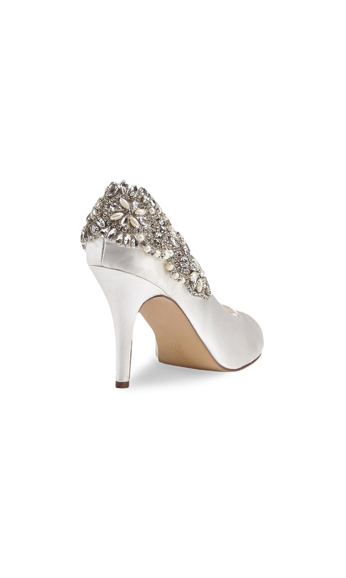 The Cynthia Ivory Prom Shoes: Paradox London P1809 feature white satin, a jeweled heel, rhinestone accents, and floral details. Shown from a rear angle—these elegant high heels are the perfect ivory choice for prom.