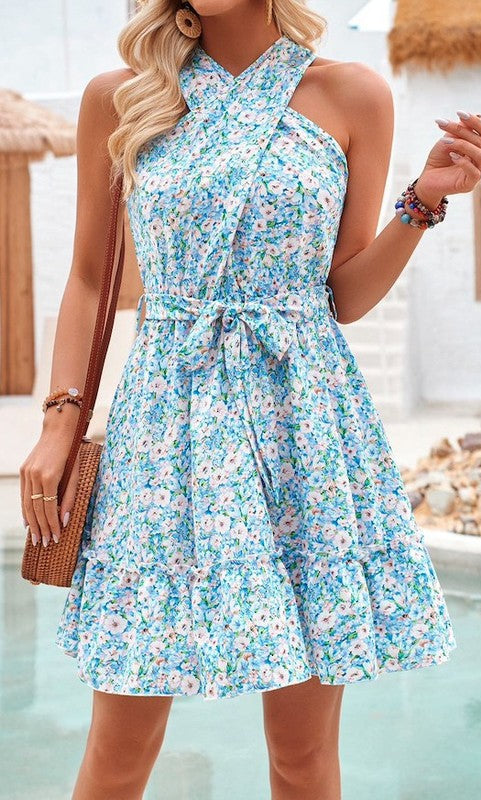 High-Neck Short Floral-Print Casual Summer Dress PromGirl High-Neck Short Floral-Print Casual Summer Dress PromGirl