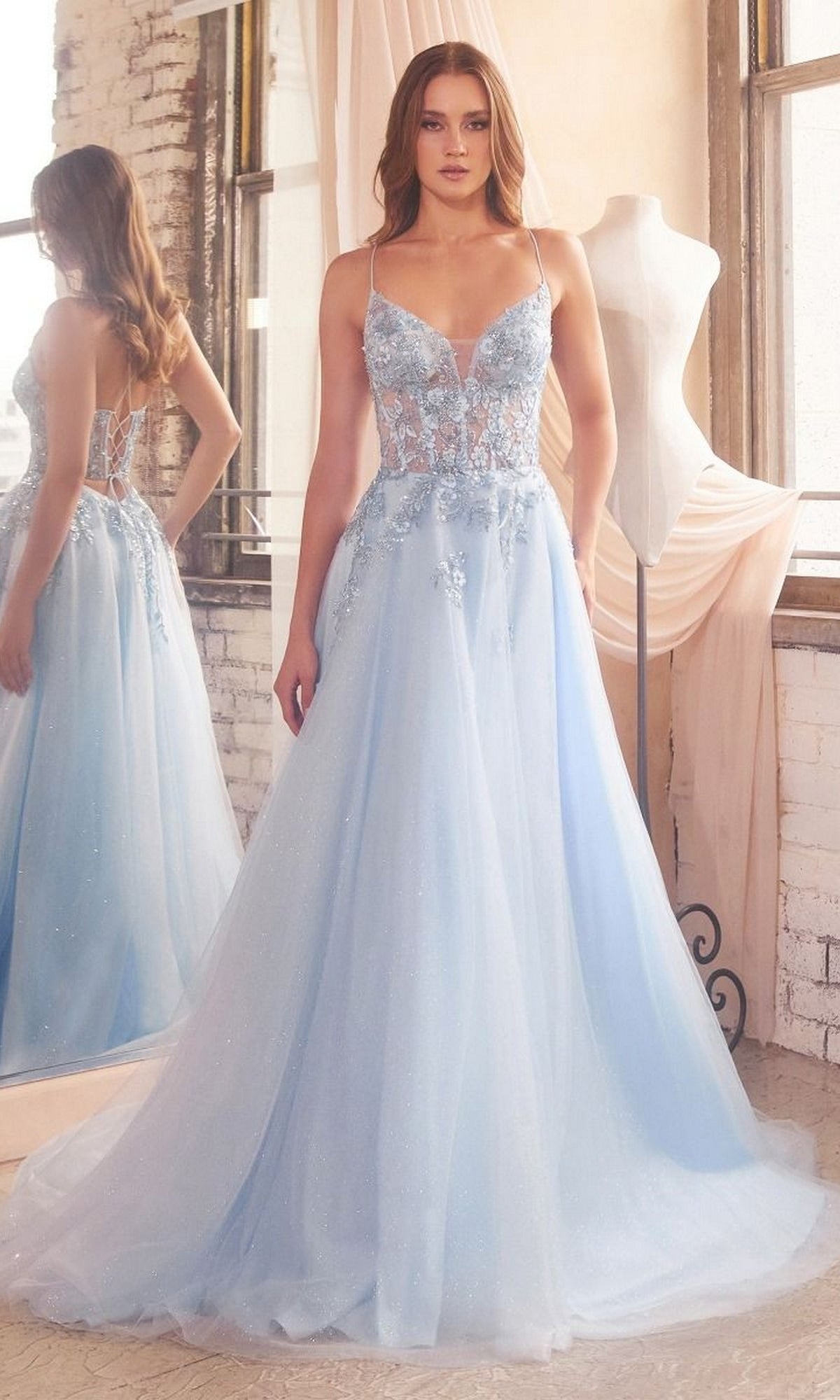 Embroidered Sheer-Corset Long Blue Prom Ball Gown