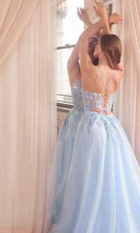 Long Embroidered Sheer-Corset Prom Ball Gown