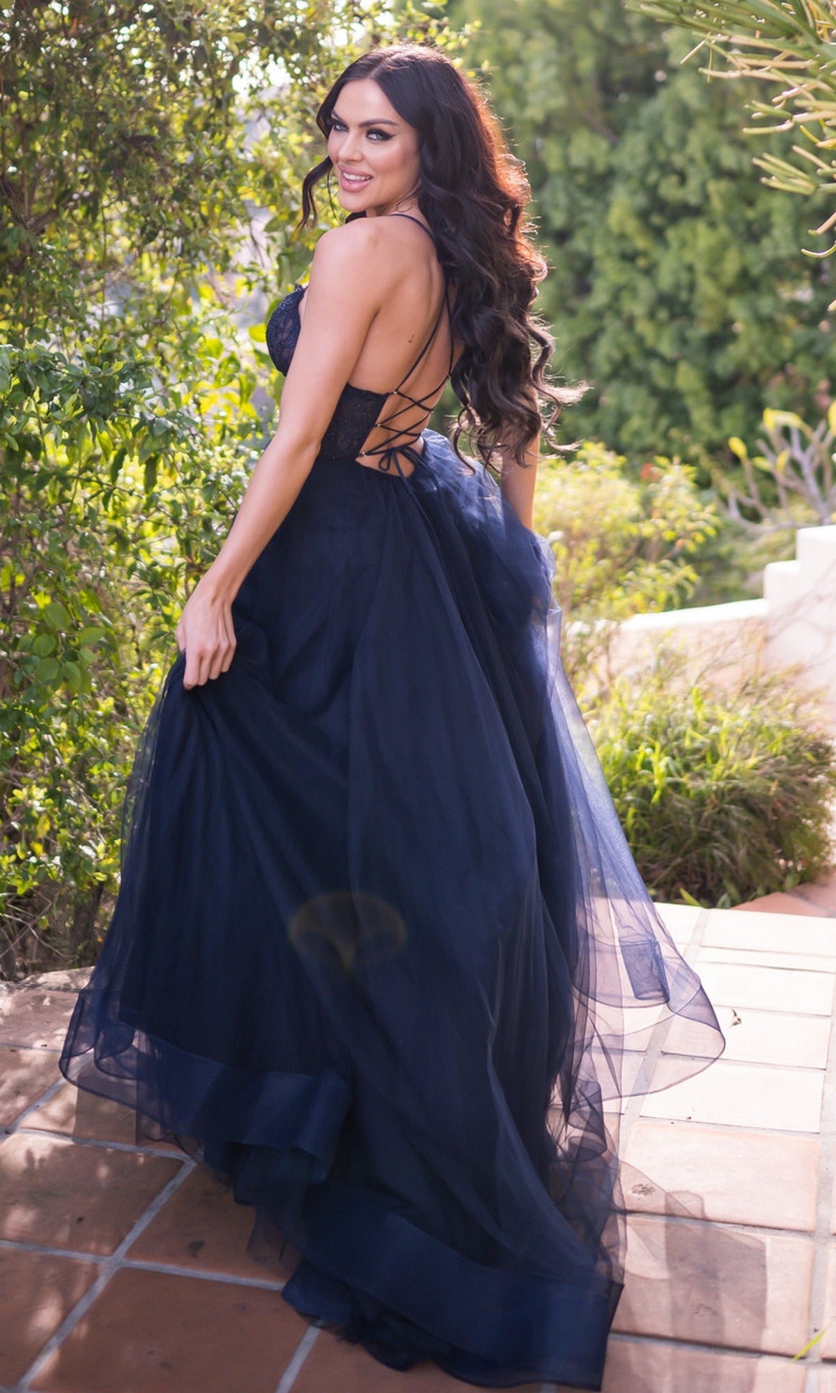 Lace-Bodice Long A-Line Prom Dress with Lace-Up Back Mulberry / XSmall Lace-Bodice Long A-Line Prom Dress with Lace-Up Back Mulberry / XSmall