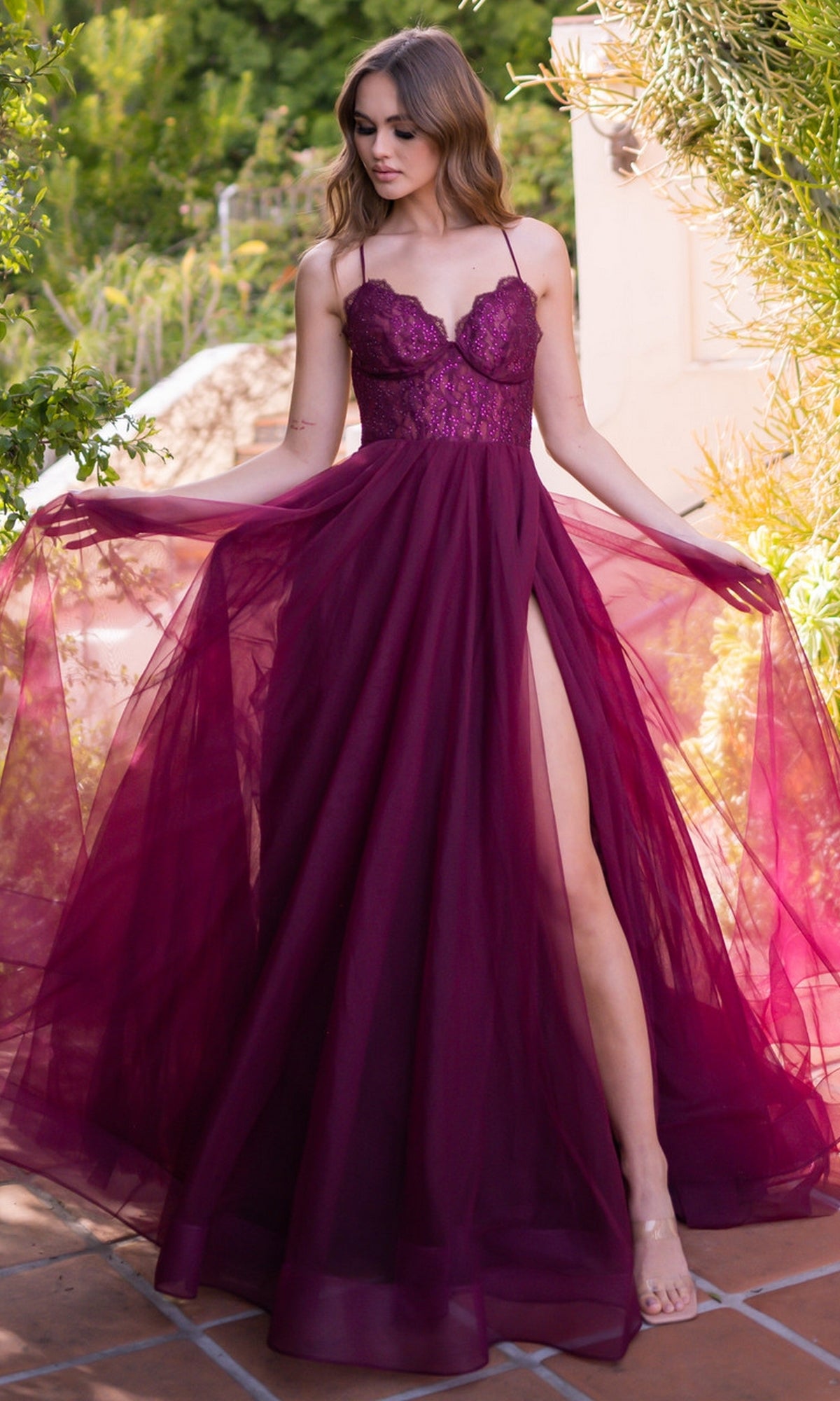 fitted lace wedding dress Lace-Bodice Long A-Line Prom Dress with Lace-Up Back Mulberry / XSmall