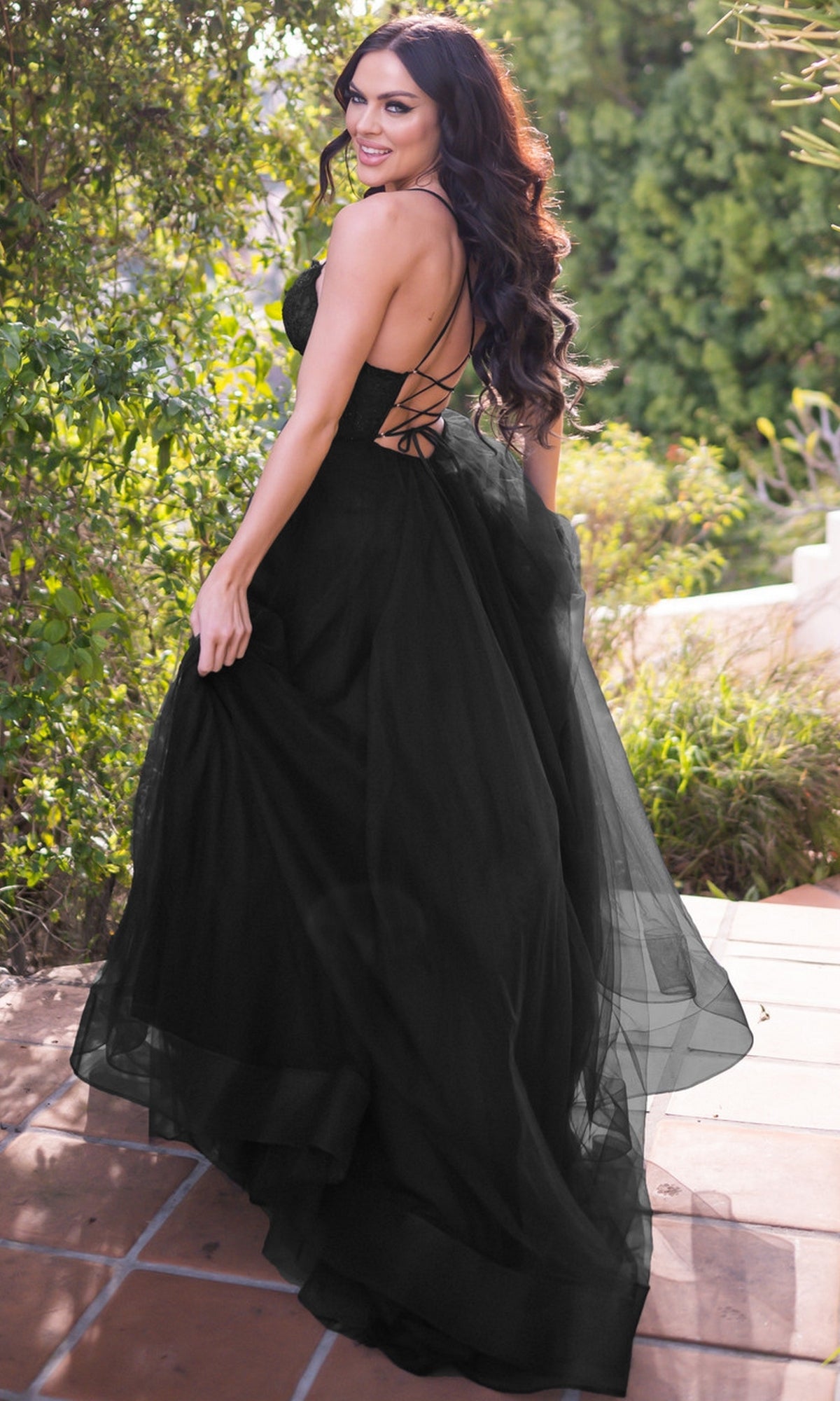 Lace-Bodice Long A-Line Prom Dress with Lace-Up Back– PromGirl