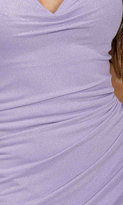 Close-up of a person wearing the Eureka EK126 Short Homecoming Dress—a fitted, sparkly lavender ruched dress with a V-neckline, perfect for homecoming.