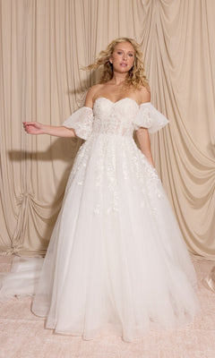 Woman in the Long Wedding Dress: Eureka EK155 with detachable puff sleeves, standing before beige draped fabric.