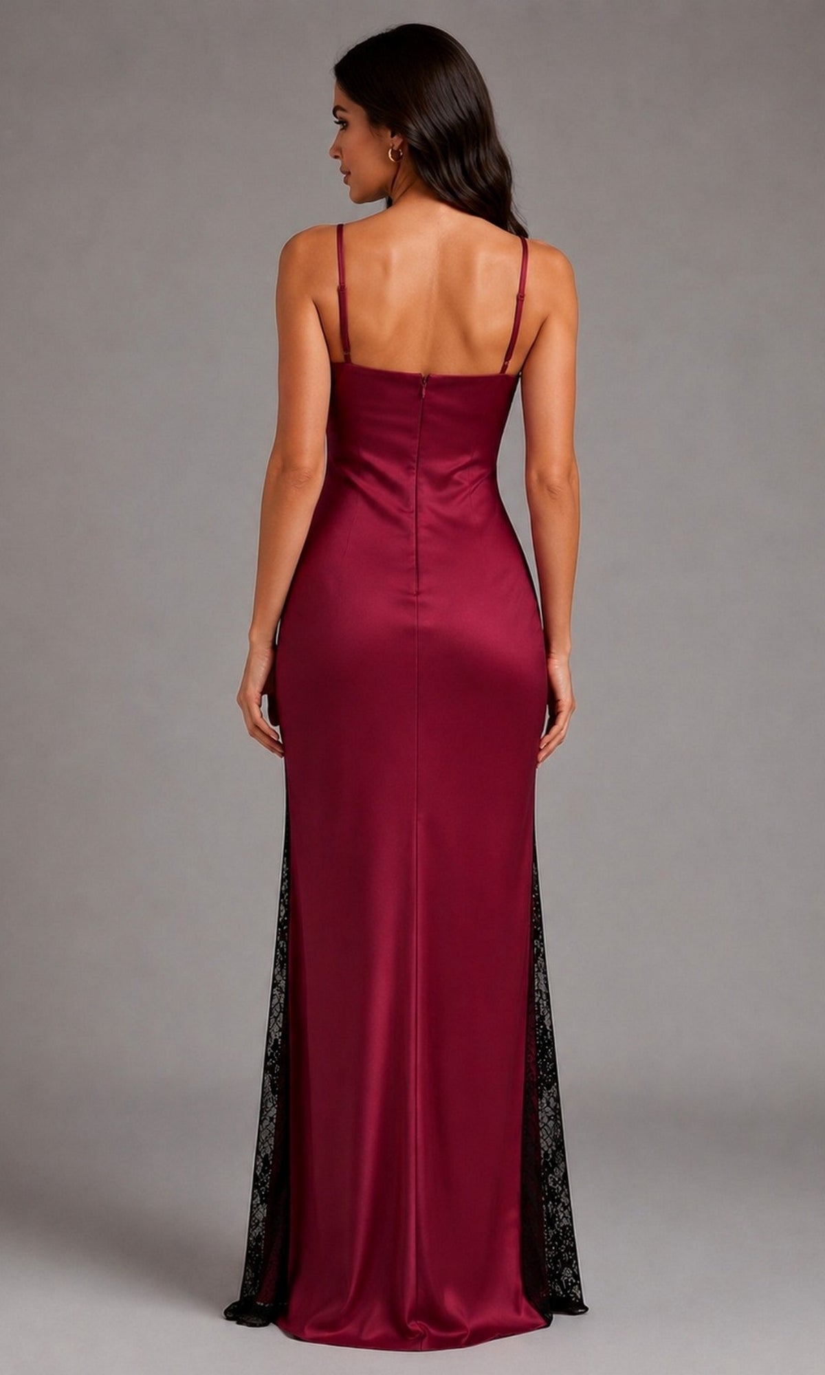 Woman wearing the Long Prom Dress: Eureka EK171, a floor-length maroon slip dress with thin straps, photographed from the back against a plain gray background.