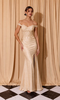 A woman stands on a black and white tiled floor in front of beige curtains, wearing the Eureka EK173 long prom dress in champagne, featuring an off-shoulder floral embroidered corset and front slit.