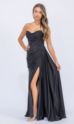 A woman models the Long Prom Dress: Eureka EK178, featuring a strapless sweetheart neckline, draped fabric, and a high leg slit, posed against a plain light background.