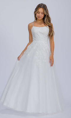 A woman models the Eureka EK197 Floral-Lace Long Prom Ball Gown, a white sleeveless floor-length dress with thin straps and sequin lace details, standing against a plain light background.