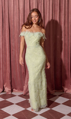A woman in the Eureka EK205 long prom dress, featuring an off-the-shoulder design in pistachio lace, stands on a checkered floor before mauve curtains.