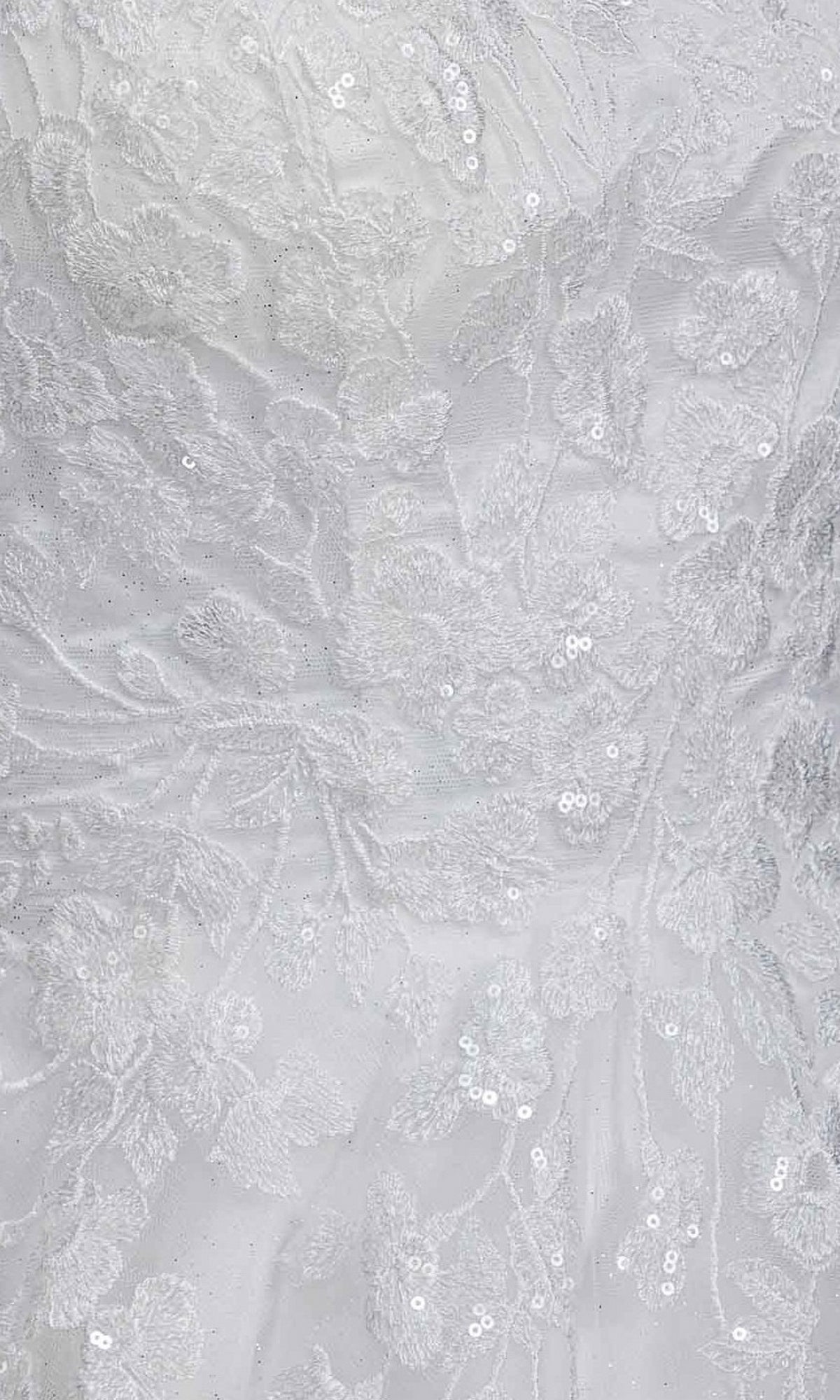 Close-up of white lace with 3D floral appliques and sequins, highlighting embroidery—perfect for the Long Prom Dress: Eureka EK210.