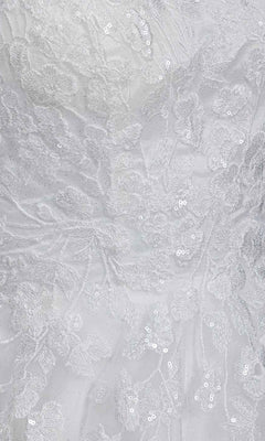 Close-up of white lace with 3D floral appliques and sequins, highlighting embroidery—perfect for the Long Prom Dress: Eureka EK210.