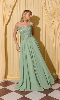 A woman wears the Long Prom Dress: Eureka EK211, a light green off-the-shoulder gown with lace applique bodice, standing on a checkered floor before yellow curtains.