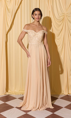 A woman stands on a checkered floor in front of yellow curtains, wearing the Long Prom Dress: Eureka EK211 with an off-the-shoulder lace applique bodice.