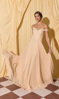 Woman in the Long Prom Dress: Eureka EK211—a floor-length light peach off-shoulder gown with lace applique, holding her skirt on a checkered floor before yellow curtains.