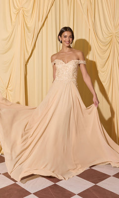 Woman in the Long Prom Dress: Eureka EK211, featuring an off-the-shoulder lace applique bodice and flowing skirt, stands on a checkered floor before yellow draped curtains.