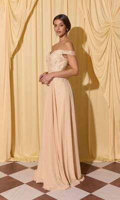 A woman wearing the Long Prom Dress: Eureka EK211 stands on a checkered floor before yellow draped curtains, gazing at the camera.