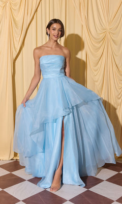 Woman in the Long Prom Dress: Eureka EK216 with a strapless a-line skirt and high slit, standing on a checkered floor before yellow curtains.