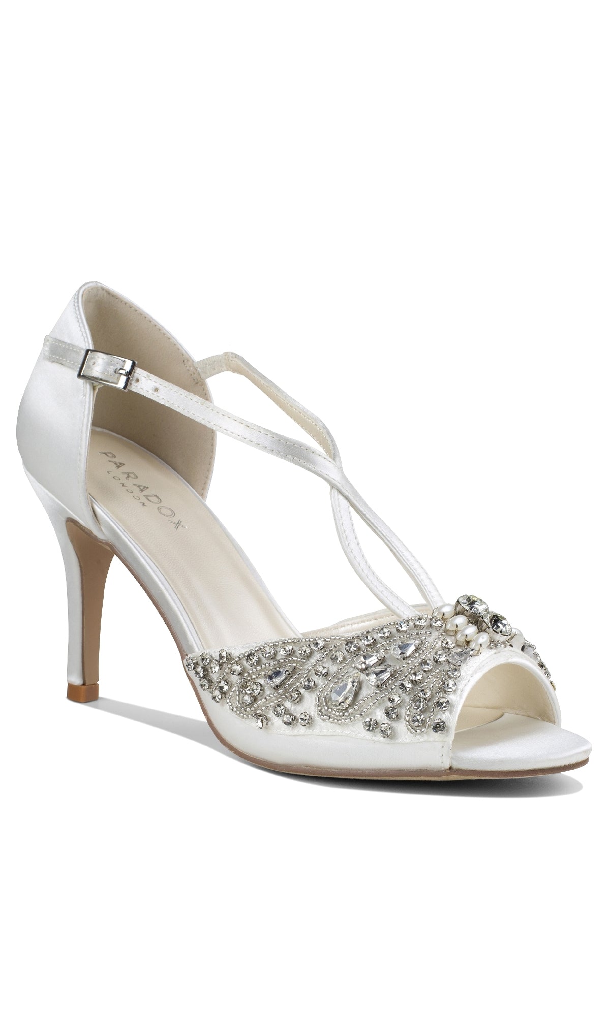 Elin Ivory Satin Prom Shoes by Paradox London (P2204) feature white satin, stiletto heels, an ankle strap, open toe, and rhinestone and bead embellishments—perfect jeweled formal shoes for any elegant occasion.