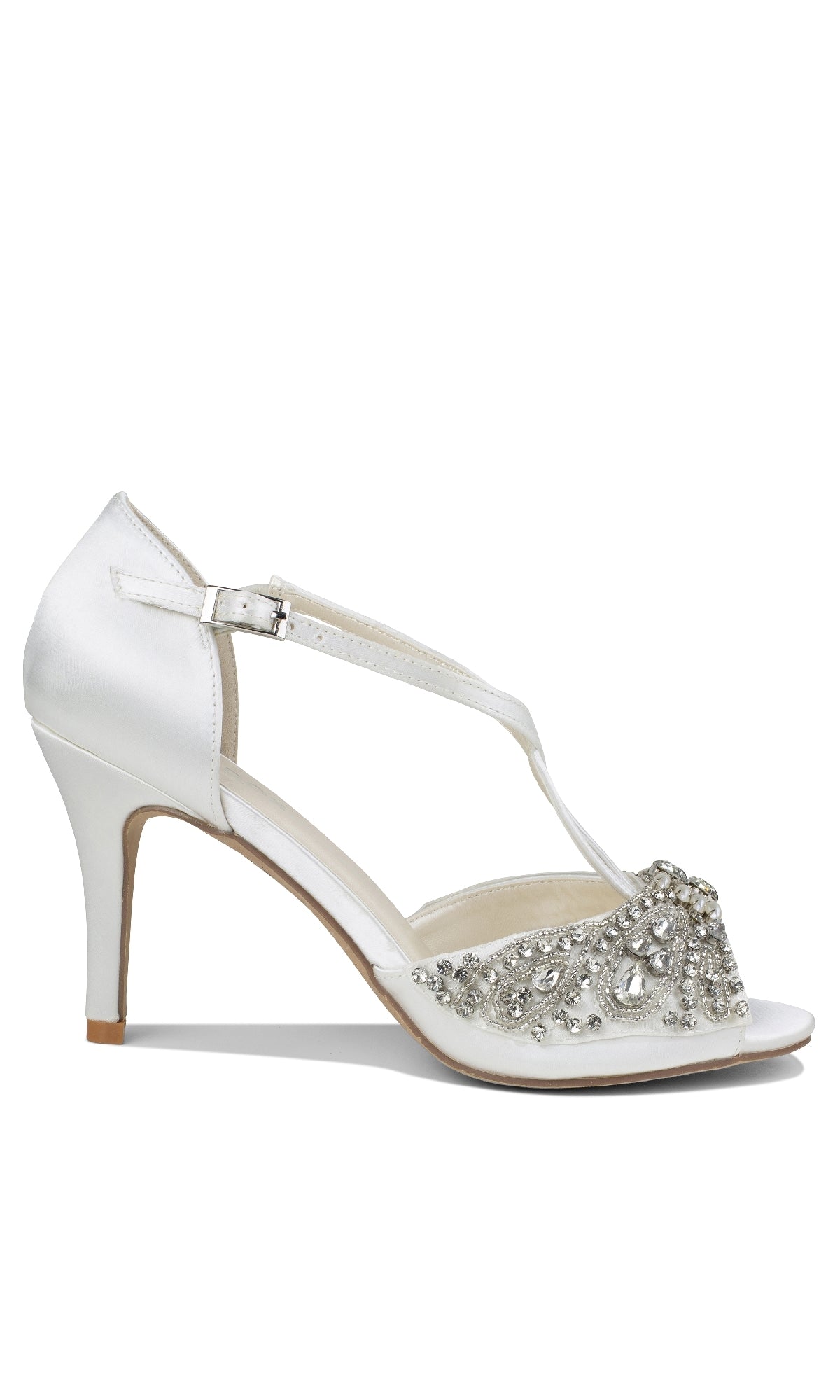 Elin Ivory Satin Prom Shoes by Paradox London (P2204) feature stiletto high heels, a T-strap with ankle buckle, open toe, and jeweled rhinestones and beads on the front for a stunning formal look.