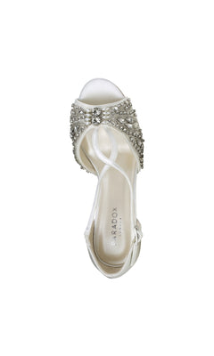 The Elin Ivory Satin Prom Shoes by Paradox London (P2204) are white stiletto heels embellished with rhinestones and beads—elegant jeweled formal shoes perfect for any special occasion.