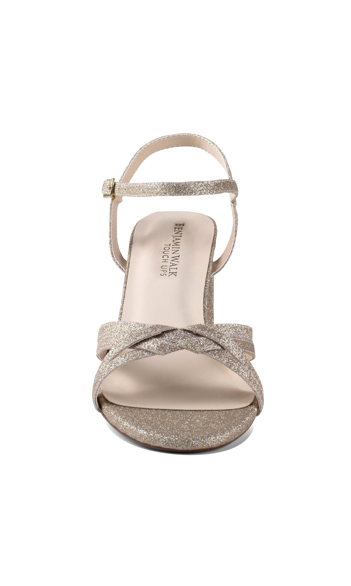 Front view of Elle Champagne Glitter Prom Shoes: Touch Ups 4642—women’s sandal with ankle strap, buckle, crisscross toe straps, and low block heel in a sparkling champagne glitter finish—ideal for prom.