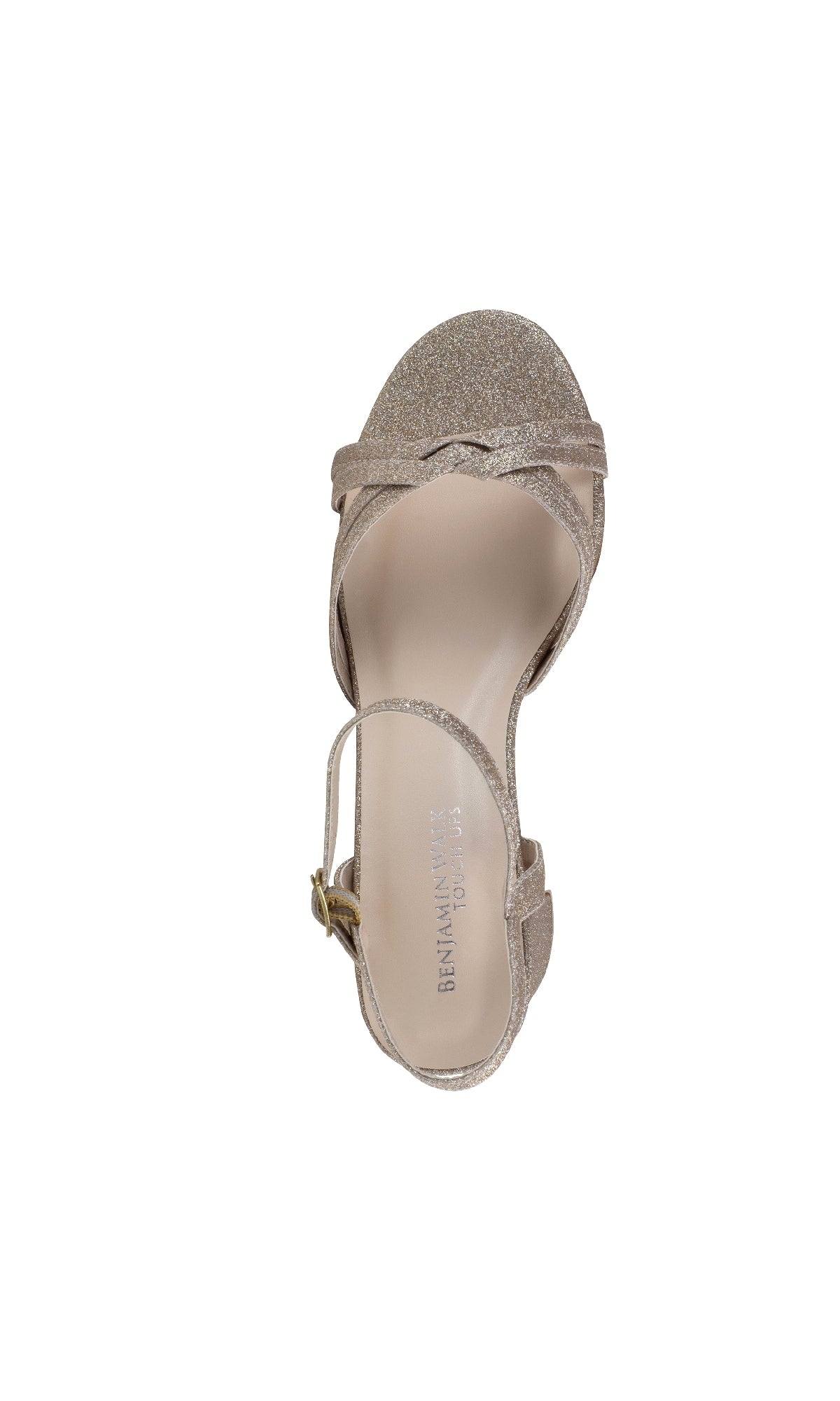 Top view of Elle Champagne Glitter Prom Shoes: Touch Ups 4642—a single dazzling prom shoe with ankle strap, buckle, and chic block heel—shown on a plain white background.