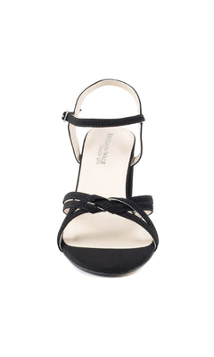 Front view of Elle Black Formal Prom Shoes: Touch Ups 4643, a black open-toe sandal with braided toe strap and ankle strap, displayed on white—ideal for adding chic elegance to your prom or formal look.