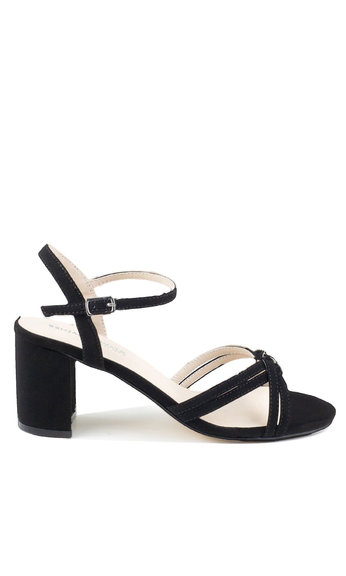 The Elle Black Formal Prom Shoes: Touch Ups 4643 are black suede sandals with a low block heel, open toe, crisscross front straps, and an ankle strap with buckle—ideal for stylish prom attire.