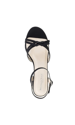 Elle Black Formal Prom Shoes: Touch Ups 4643 feature a top view of black open-toe sandals with crisscross straps, ankle buckle, and light beige insole—ideal low-heel shoes for formal events or prom.