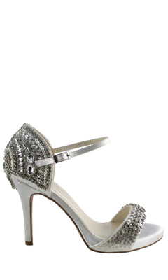 Elodie Ivory Satin Prom Shoes by Paradox London (P2107) feature a high stiletto heel, ankle strap, open toe, and rhinestone jeweled accents on the toe and heel.