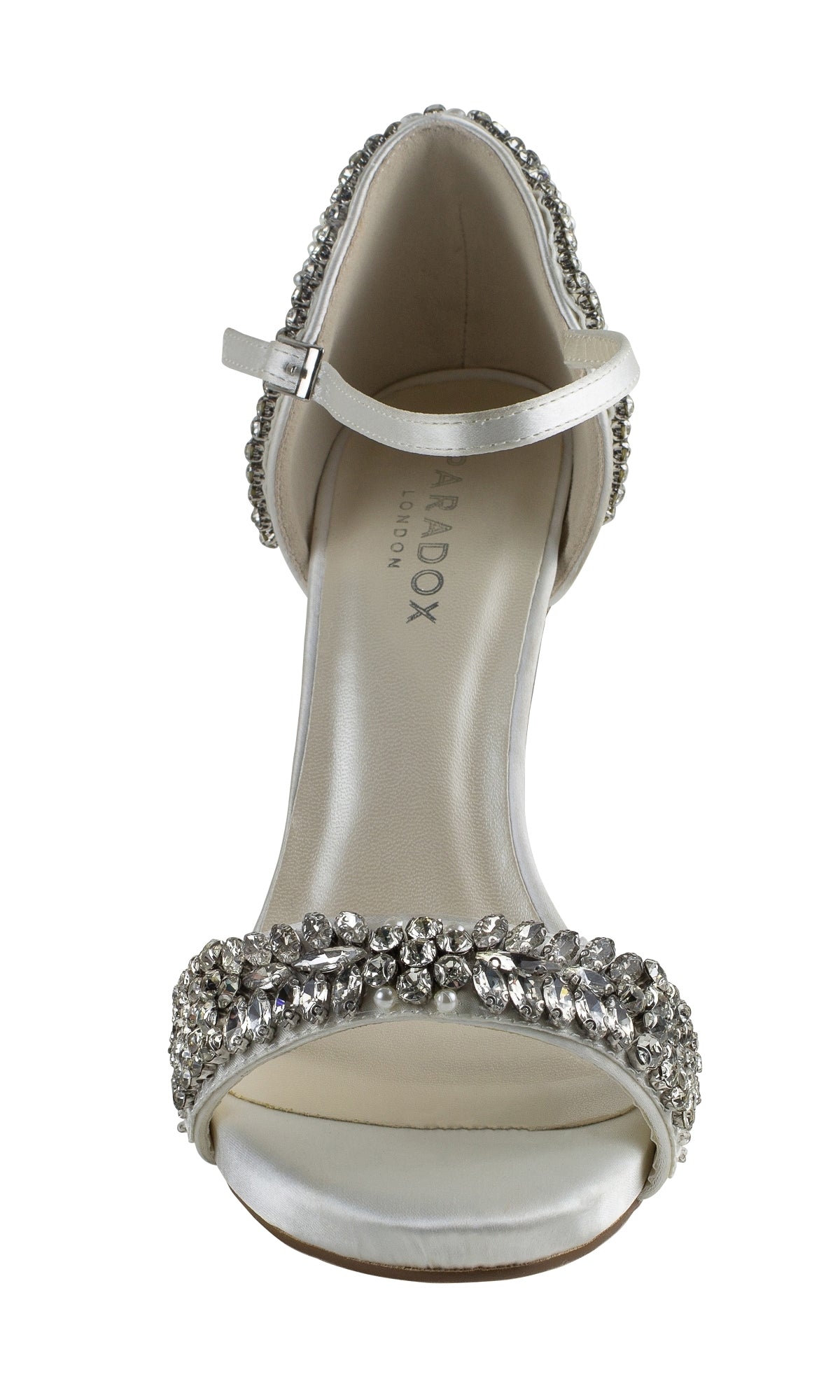 Front view of Elodie Ivory Satin Prom Shoes (Paradox London P2107), a stiletto high heel sandal with an ankle strap, jeweled rhinestone detailing on the toe and sides.