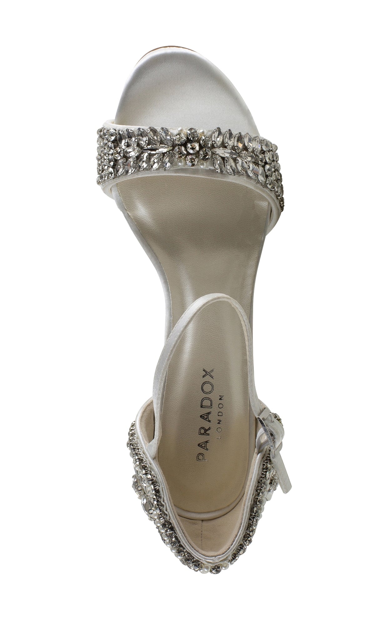 An ivory satin open-toe sandal with jeweled and rhinestone accents on the toe and ankle strap, featuring 