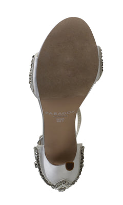 Bottom view of the Elodie Ivory Satin Prom Shoe by Paradox London (P2107), featuring a flat sole, jeweled detailing, and "PARADOX" branding on the insole.