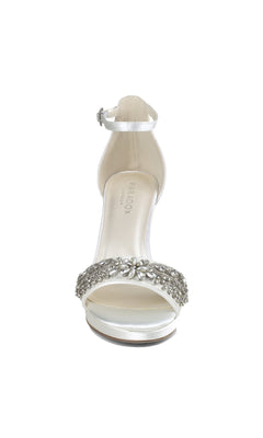 Front view of the Enya Ivory Satin Prom Shoes by Paradox London (P2203), featuring an open toe, ankle strap, and rhinestone-embellished toe strap.